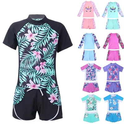 Buy Girls Bathing Suits Rash Guard T-Shirts With Trunks UV Sun Protection Swimwear • 6.84£