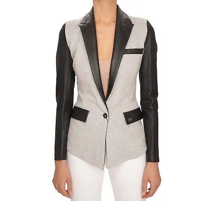 Buy PHILIPP PLEIN COUTURE Leather Cotton Blazer Jacket HAPPY Gray Black XS 2 09118 • 303£