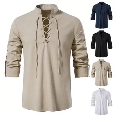 Buy Men Medieval Lace Up T Shirt Gothic Renaissance Pirate Cosplay Costume Retro UK • 15£