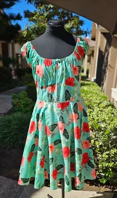 Buy Hell Bunny Dress Vtg Look Green W Red Hibiscus Elastic Waist Flare Skirt Sz 3x • 66.30£