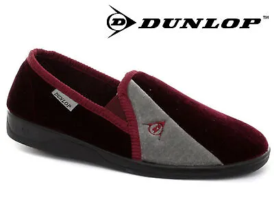 Buy Mens Dunlop Full Slippers Velour Two-Tone Twin Gusset Comfy Warm Burgundy / Grey • 15.99£
