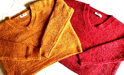 Buy 2pc NEW  Double Zero  Women LARGE Cropped Knit Sweater Pullover Gold Burgundy  • 27.38£
