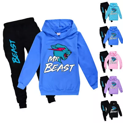 Buy Kids Boy Mr Beast Print Tracksuit Set Sports Hoodies Sweatshirt Tops Pants Suit • 13.99£