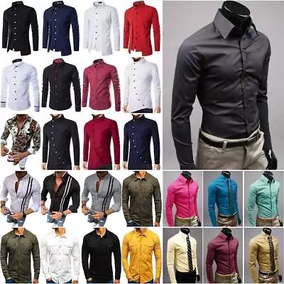 Buy Men Long Sleeve Slim Fit Shirts Formal Business Work Dress Shirts Casual Tops UK • 19.09£