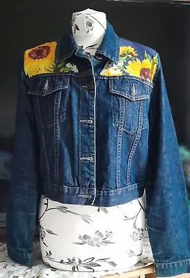 Buy Upcycled Vintage Denim Jacket With Blue Sunflower Hand Stitched Panels 38  Chest • 29.99£