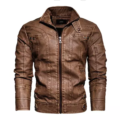 Buy Men Plus Size Leather Motorcycle Jacket Zip-Up Stand Collar Biker Coat Tops Warm • 73.31£