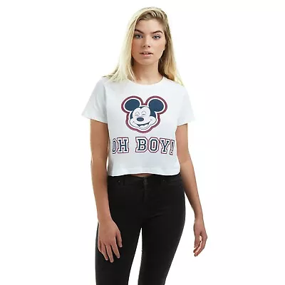 Buy Official Disney Ladies Mickey Mouse Oh Boy Cropped T-shirt WhiteS - XL • 10.49£