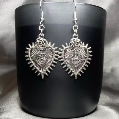 Buy Handmade Silver Spike Punk Heart Eye Rose Flower Earrings Gothic Gift Jewellery • 4.50£
