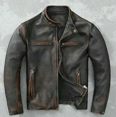 Buy Men’s Motorcycle Biker Vintage Cafe Racer Distressed Brown Real Leather Jacket - • 93.75£