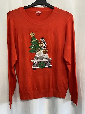 Buy ;853 Merry Christmas Sz 14 Red Knit Sequin Embroidered Festive Car Xmas Jumper • 14.90£