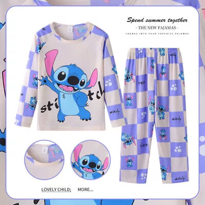Buy Kids Girls Pyjamas Lilo & Stitch Day Print Contrast Cotton PJs Set Lounge Suit • 8.99£
