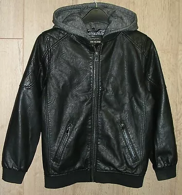 Buy River Island Boys Black Faux Leather Hooded Bomber Jacket Coat Age 12 152cm • 14.99£