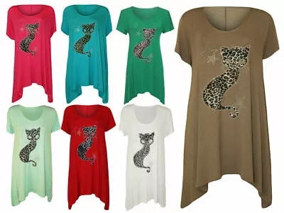 Buy Ladies Women Cat Stud Sequin Hanky Hem Tunic Top Short Sleeve T Shirt Top • 14.90£
