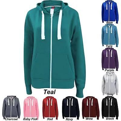 Buy Ladies Womens Plain Zip Up Hoodie Sweatshirt Fleece Jacket Hooded Top UK 8 To 22 • 5.99£