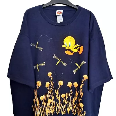 Buy Vintage Looney Tunes Tweety Pie Graphic Print T-Shirt Navy Blue XL • 22£