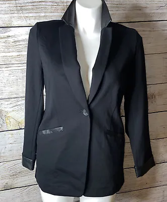 Buy Susan Graver Womens Black Faux Leather Trim Ponte  Blazer Stretch Jacket Size 10 • 28.34£