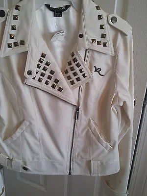 Buy Rocawear White Biker Style Jacket WMN Size L Faux Leather Bronze Studs Zip Front • 64.66£