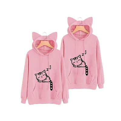 Buy Adorable Cat Printed Hoodie Fashionable Loose Pullover Sleeve Sweater For • 15.20£