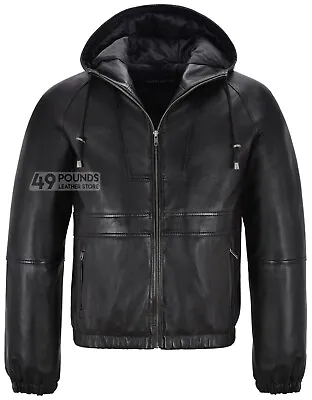 Buy Mens Hooded Leather Jacket Black Fitted Stylish Sports Real Leather Hoodie 2113 • 49£