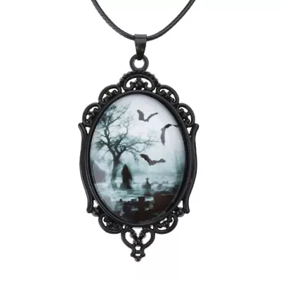 Buy Gothic Bat Cemetery Glass Pendant Necklace Halloween Jewelry Clavicle Chain • 5.80£