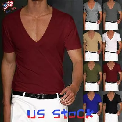Buy Mens V Neck Tops Muscle Tee Short Sleeve T-shirt Summer Slim Fit Casual Blouses • 8.59£