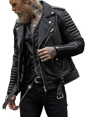 Buy Mens Black Lambskin Motorcycle Quilted Biker Jacket Slim Fit Leather Moto Jacket • 144.59£