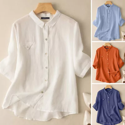 Buy Women Solid 3/4 Sleeve Buttons Down Tops Casual Loose Plain T-Shirt Blouse 8-24 • 16.14£