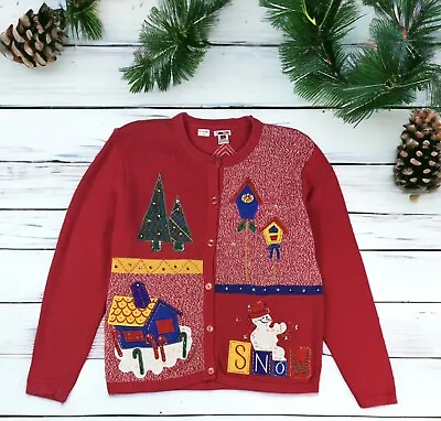 Buy VTG Red Christmas Holiday Sweater Cardigan Tacky Ugly Sz L Beaded Sequin Kitschy • 28.34£