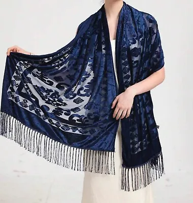 Buy Velvet Scarf/shawl  , Navy Blue Beautiful Design , Cape/ Wrap /goth • 12.95£