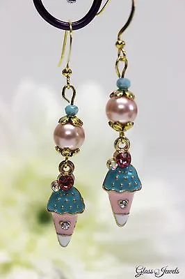 Buy Glass Stone Jewellery Gold Earrings Summer Beads Ice Icecream Rockabilly #D091 • 7.68£