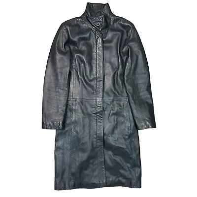 Buy Vintage Real Leather Trench Coat Jacket Matrix Long Y2K Retro Black Womens UK8 • 89.99£