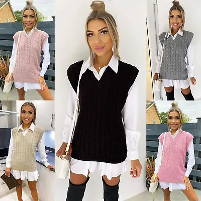 Buy Womens Ladies Cable Knit Sleeveless Vest Knitted Jumper Tank Top Winter Sweaters • 9.49£