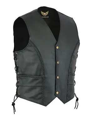 Buy Men's Black Braided Motorcycle Leather Waistcoat Biker Side Lace Motorcycle Vest • 24.99£