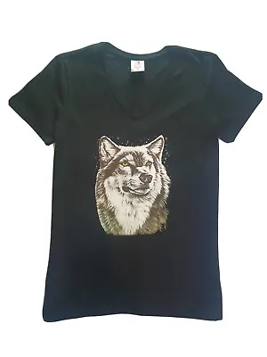 Buy Wolf Head T-Shirt V Neck Green Eyes Animal Black T Shirt Cotton Top Tee • 10.34£