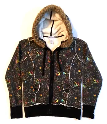 Buy Vintage Cyber Grunge Sherpa Peace Hearts Flowers Full Zip Furr Hoodie Size L Y2K • 24.12£