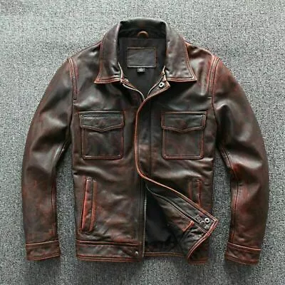 Buy Men's Real Leather Distress Brown Biker Cafe Racer Vintage Leather Jacket • 25£
