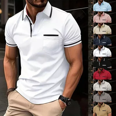 Buy Mens Turn Down Collar Casual Shirts Tops Summer Muscle Golf T Shirts Size 38-46 • 11.69£