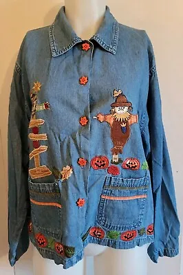 Buy Grandma Style Embroidered Scarecrow Pumpkin Shirt Sz Med Leaf Buttons Halloween  • 17.05£