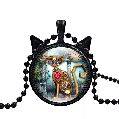 Buy Steampunk Cat Necklace Clock Pendant Jewelry Kitten Necklace Glass Choker • 8.18£