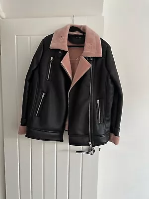 Buy Topshop TALL BLACK FAUX LEATHER SHEARLING FUR PINK INTERIOR BIKER JACKET Size 12 • 50£