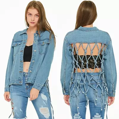 Buy Women's Backless Jeans Jacket Hollow Out Female Kpop Clothes Streetwear  Denim • 40.84£