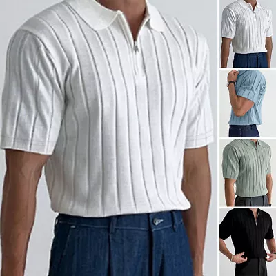 Buy Mens Short Sleeve V Neck Knitted T Shirts Casual Zip Up Muscle Gym Blouse Tee • 16.14£