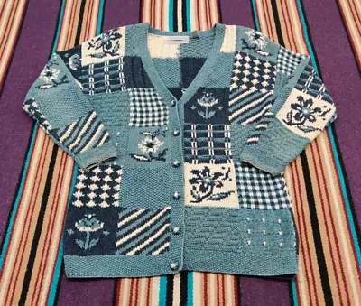 Buy Vintage 90's Northern Isles Women's Blue Knit Patchwork Cardigan Sweater Size XL • 18.94£