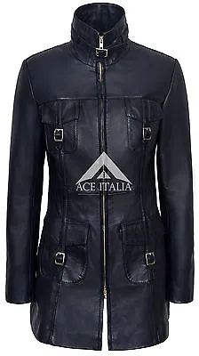 Buy Ladies Leather Jacket Navy Gothic Style Fitted 100% REAL LAMBSKIN COAT 1310 • 94.84£