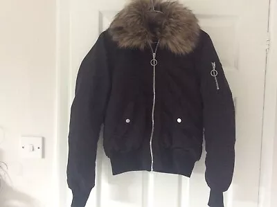 Buy Ladies Short Black Zip Front Jacket Detachable Fur Collar Size 8 • 10.99£