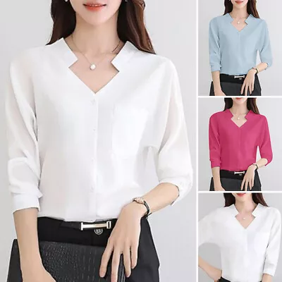 Buy UK Women V Neck 3/4 Sleeve Tops T-Shirt OL Office Formal Ladies Tee Shirt Blouse • 13.99£