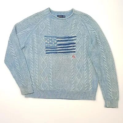 Buy Polo Ralph Lauren USA Flag Jumper XL Men Cable Knit Indigo Sweater Chunky Heavy • 150£