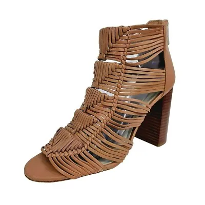 Buy 1 State Kenton Woven Heeled Sandal 8.5 M Brown Leather Zip Back Stacked Open Toe • 22.52£