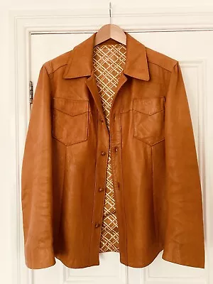 Buy 1970s Vintage Men’s Tan Leather Jacket, Bamboo Pattern Lining, 42” Chest 🕶️ • 99£