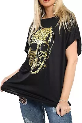 Buy Womens Ladies Stretchy Butterfly Floral Skull Turn Up Sleeve Oversized T Shirt • 4.09£